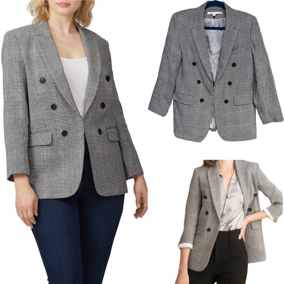 Veronica Beard Bexley Dickey Plaid Blazer Double Breasted Black Grey Linen US 12